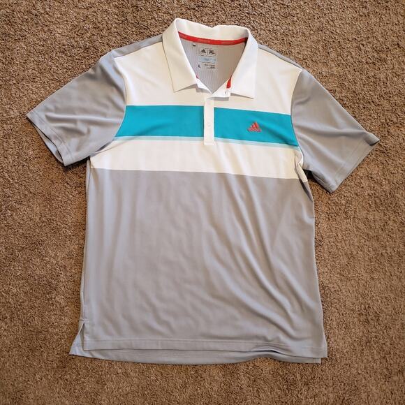 Adidas golf polo short sleeve color block striped climacool grey blue L - Picture 2 of 6